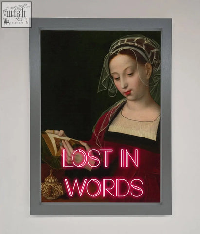 A medieval framed poster featuring a classical woman in red and black with a patterned head covering and pink neon text lost in words