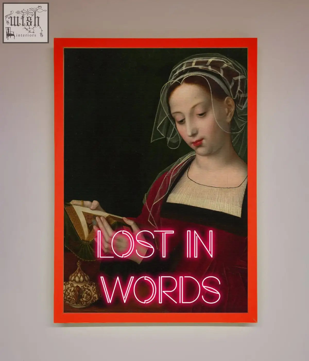A medieval framed poster featuring a woman in historical attire with an ornate red border and glowing pink text lost in words