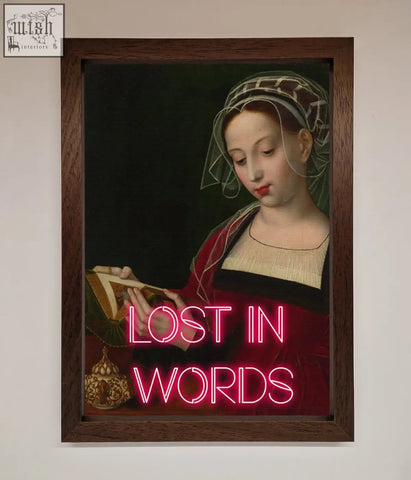 A medieval framed poster featuring a woman in red and black with a patterned head covering and pink neon text lost in words