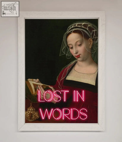 A medieval framed poster featuring a classical woman in red and black with a white veil and pink neon lost in words text