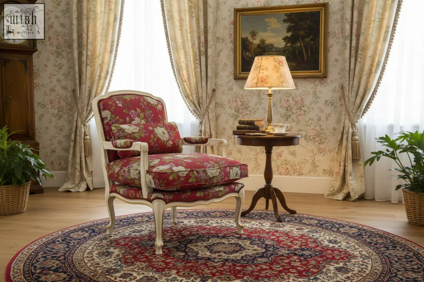 A plush red floral louis bergere chair with white wooden frame sits elegantly on a patterned rug