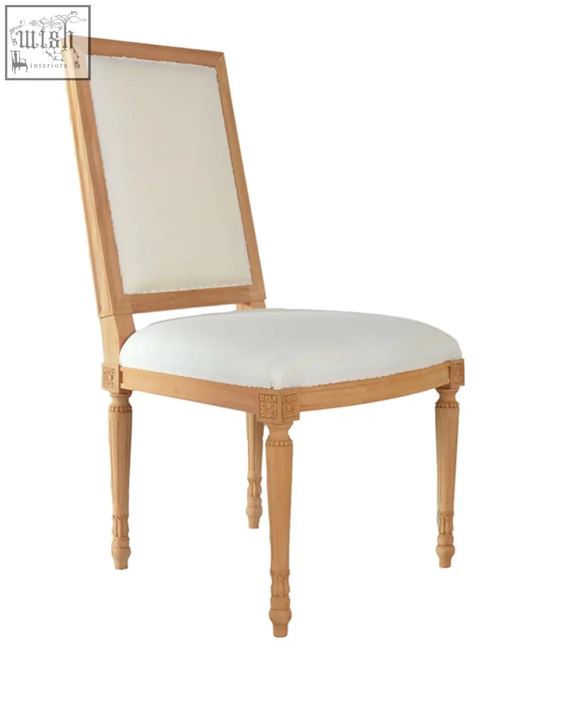 Elegant louis xvi chair with cream upholstered seat and backrest in light wood handmade for dining use