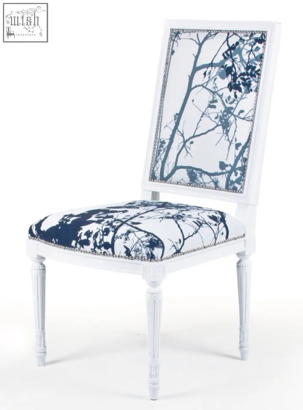 White upholstered louis xvi chair with navy blue botanical print and nailhead trim hand made for stylish dining
