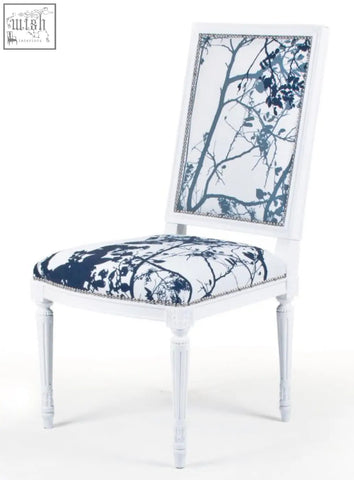 White upholstered louis xvi chair with navy blue botanical print and nailhead trim hand made for stylish dining