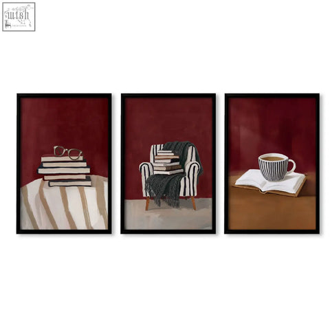 Set of three burgundy lounge room wall art prints featuring cozy reading scenes with books and striped armchair