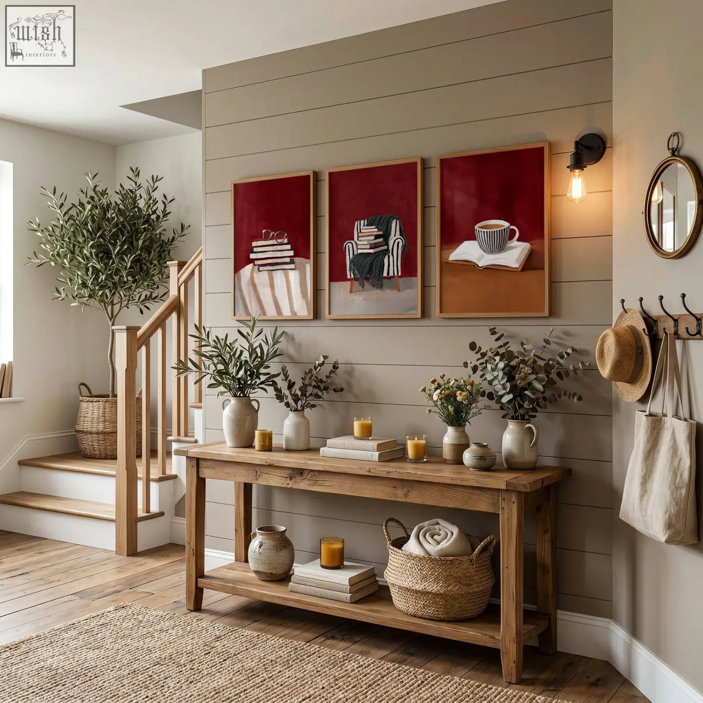 Rustic wooden console table with two shelves holding vases and books perfect for lounge room wall decor