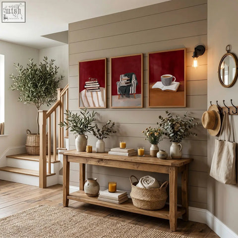 Rustic wooden console table with two shelves holding vases and books perfect for lounge room wall decor