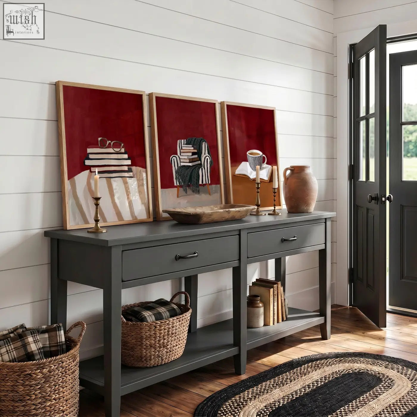 Dark gray console table with rustic wooden top and two drawers perfect for lounge room wall decor and bohemian style