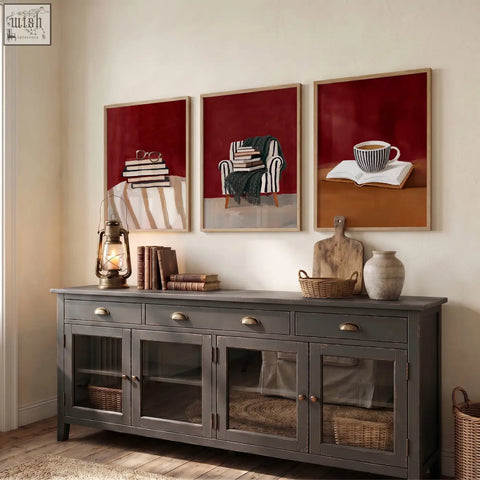 Dark gray wooden sideboard with glass paneled doors and brass handles perfect for lounge room wall decor