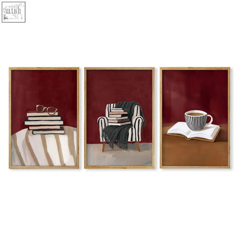 Set of 3 burgundy bohemian lounge room wall art prints featuring cozy reading scenes for room wall decor