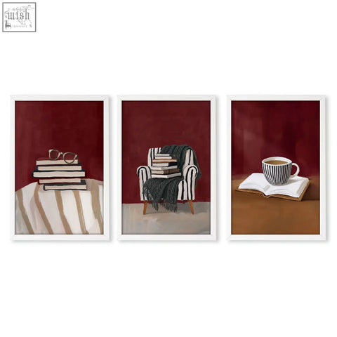 Set of three burgundy bohemian art prints with cozy reading scenes perfect for lounge room wall decor and lounge room