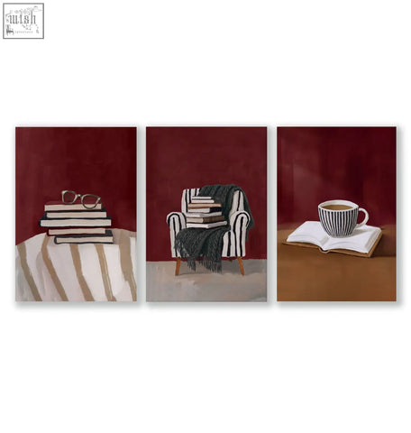 Set of three burgundy bohemian lounge room wall decor paintings showing cozy reading scenes with books and armchair