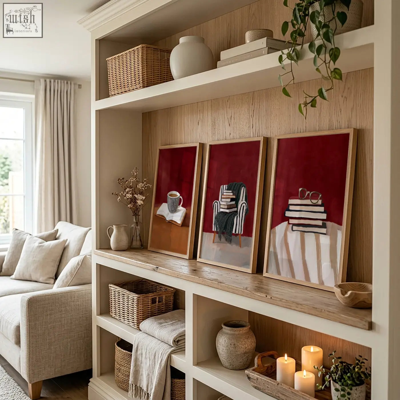 Three framed bohemian lounge room wall art prints with red backgrounds featuring cozy book lover scenes for room wall decor