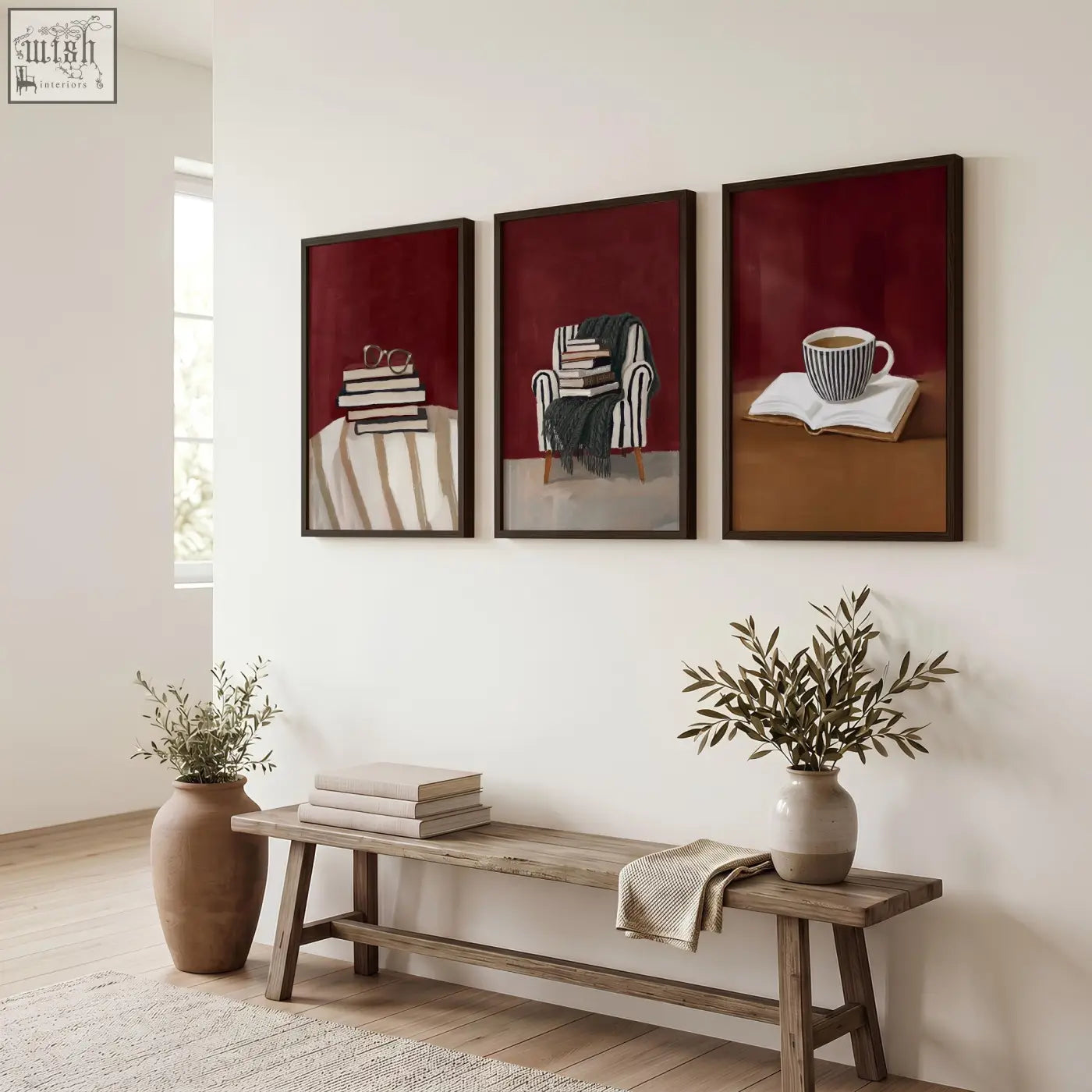 Three framed burgundy bohemian art prints with cozy book lover scenes perfect for lounge room wall decor