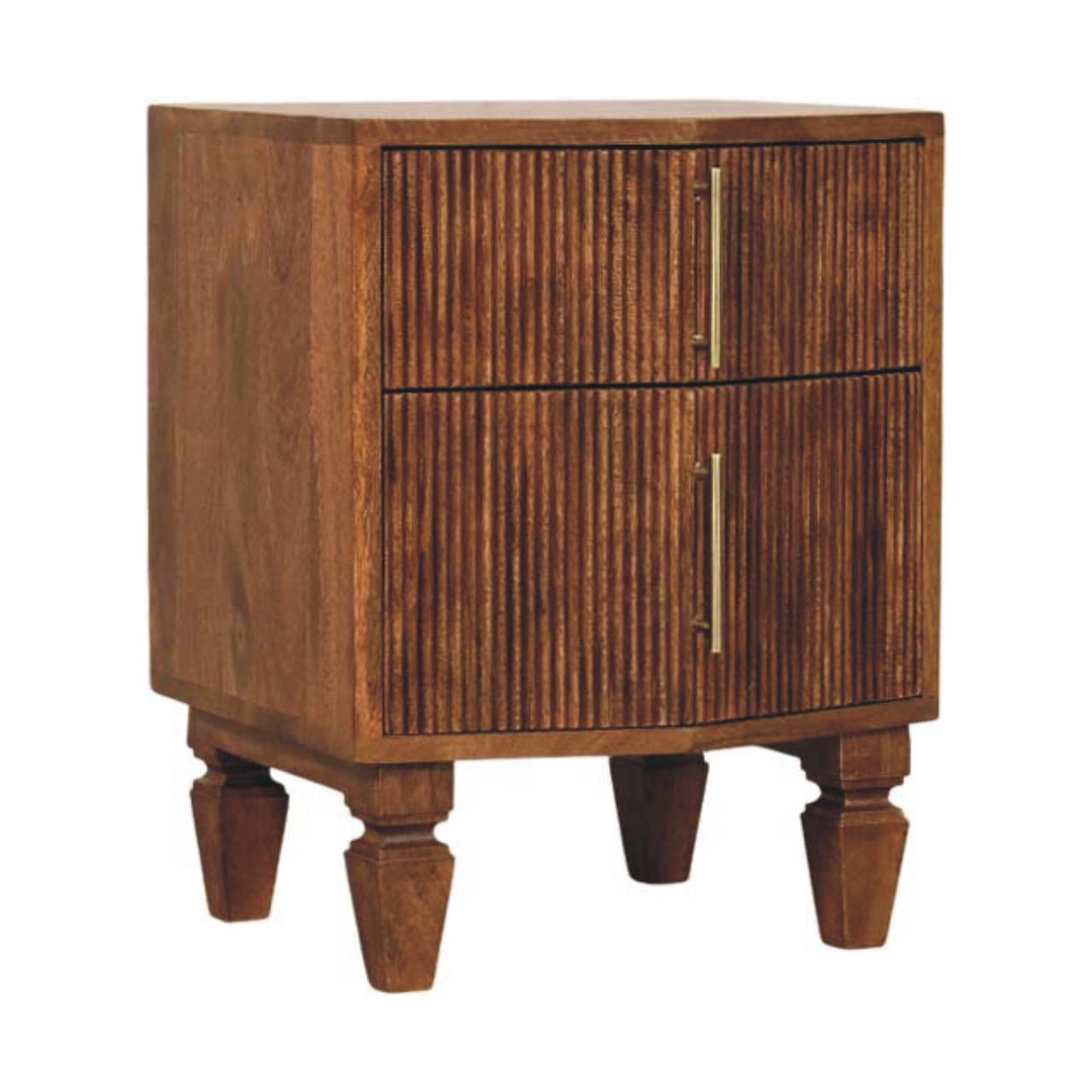 Brown wooden louvre bedside unit with vertical slat doors brass handles oak solid mango wood fluted design