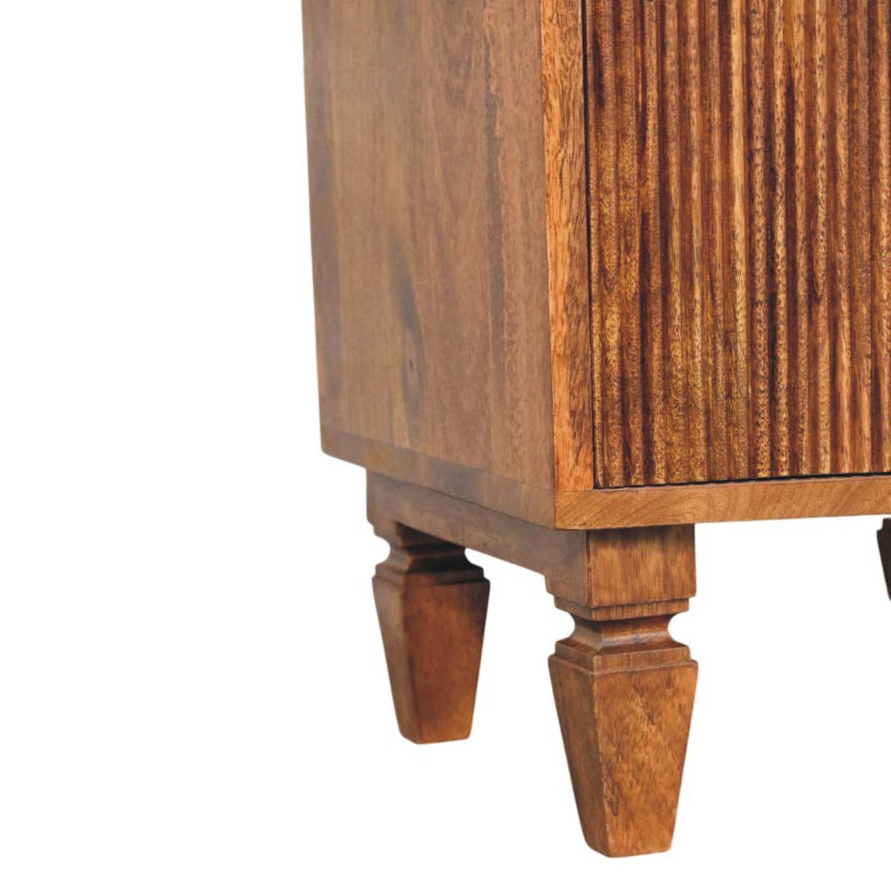 Rustic oak louvre bedside unit with fluted drawer fronts and turned legs made from solid mango wood
