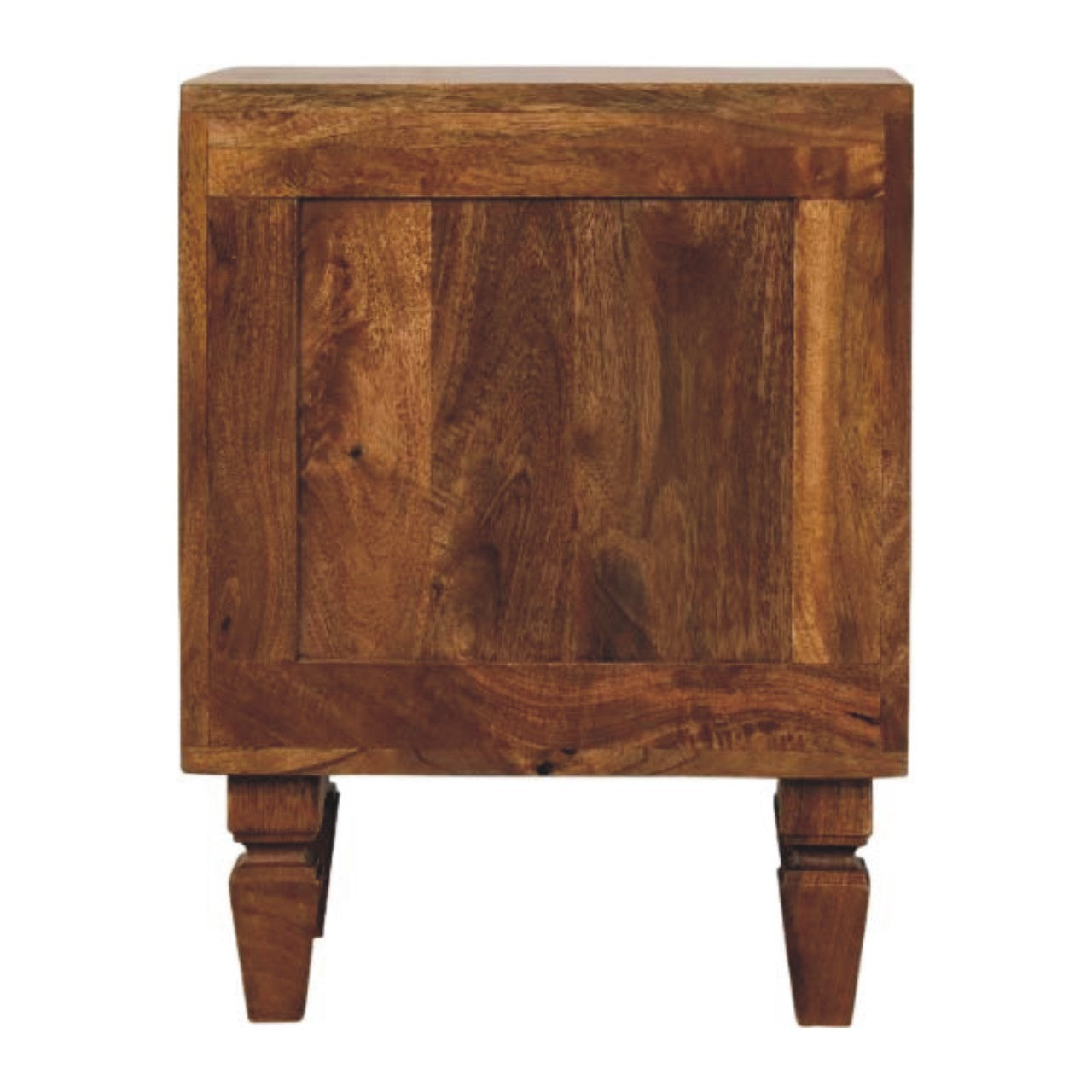 Rustic louvre bedside unit in warm brown oak solid mango wood with fluted drawer fronts and natural wood grain finish