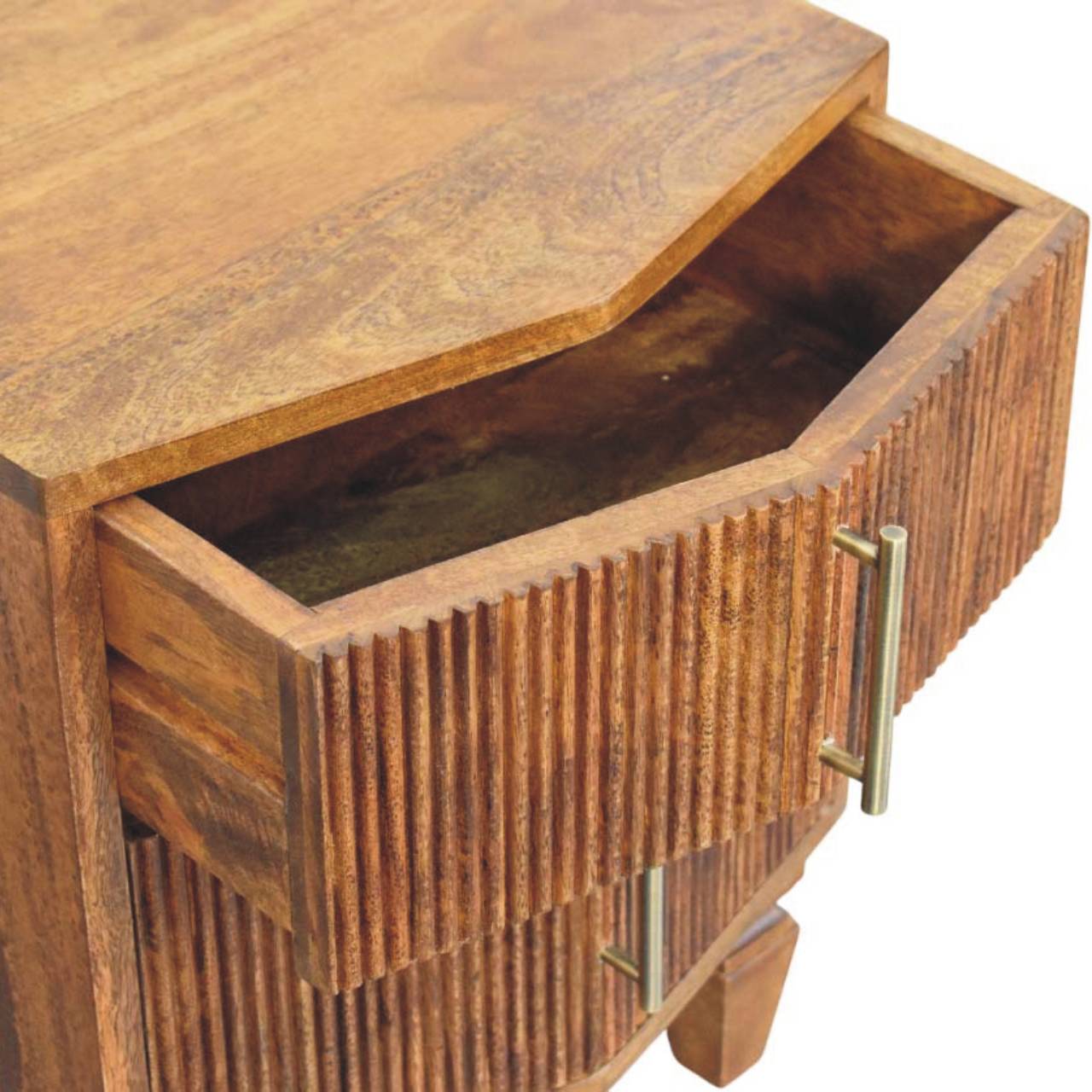 A louvre bedside unit with fluted drawer fronts in oak solid mango wood and a warm natural finish