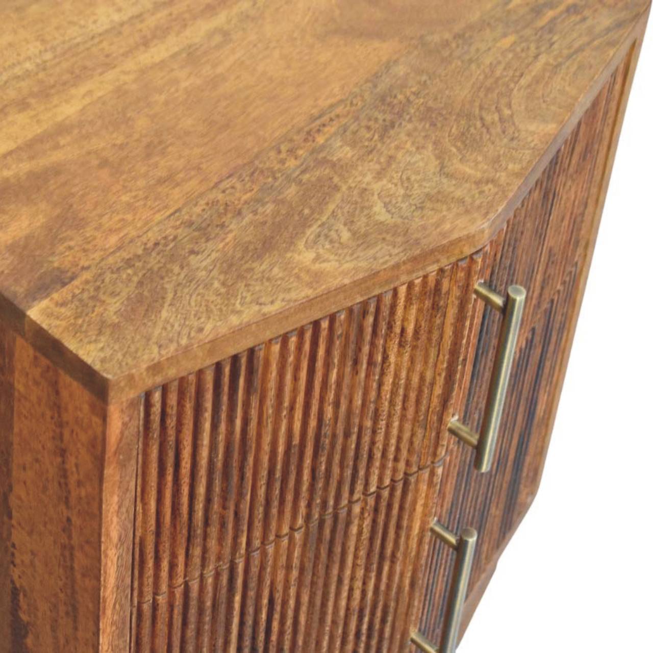 Rustic oak solid mango wood louvre bedside unit with warm natural finish and fluted drawer fronts