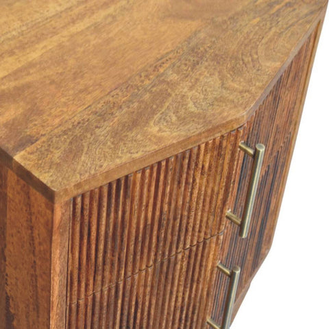 Rustic oak solid mango wood louvre bedside unit with warm natural finish and fluted drawer fronts