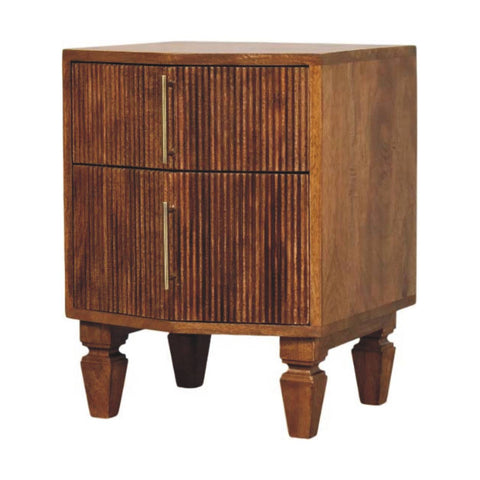 Warm brown oak solid mango wood louvre bedside unit with fluted drawer fronts and slender metallic handles