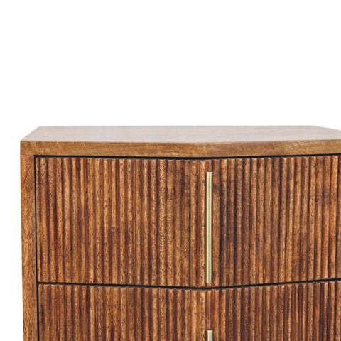Louvre bedside unit with warm brown oak solid mango wood and fluted drawer fronts with brass handles
