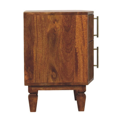 Warm-toned oak louvre bedside unit with fluted drawer fronts and brass handles made from solid mango wood