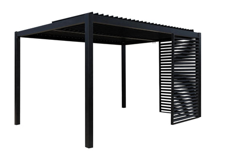Black metal pergola with large slatted roof and louvre side panels perfect for outdoor shade and privacy