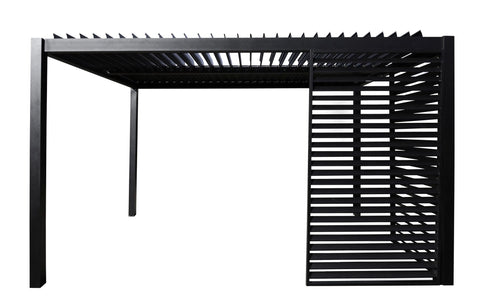 Black metal pergola with louvre side panels and slatted roof in large size for outdoor shade and style