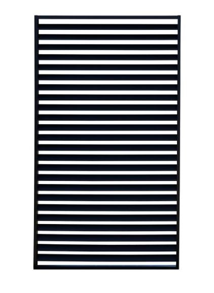 Louvre side panels for pergola in black large with black and white horizontal striped radiator design