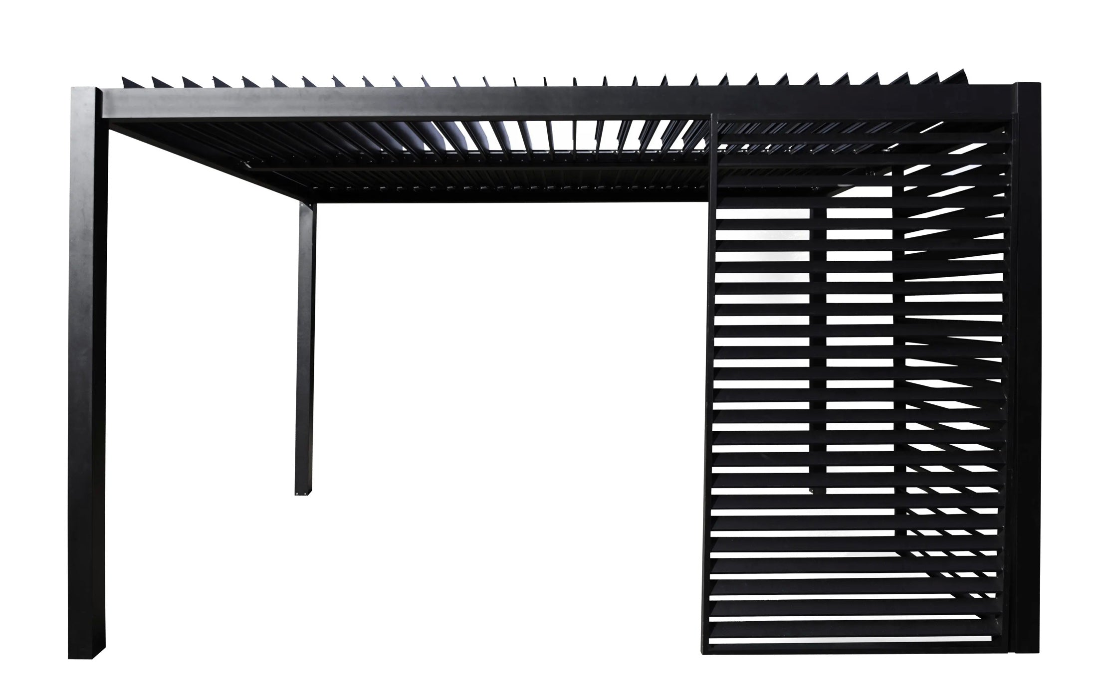 Black metal pergola with slatted roof and louvre side panels for small pergola in black color