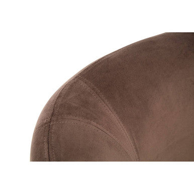 Close up of brown suede curved surface with visible stitching on the grey velvet round armchair louxor
