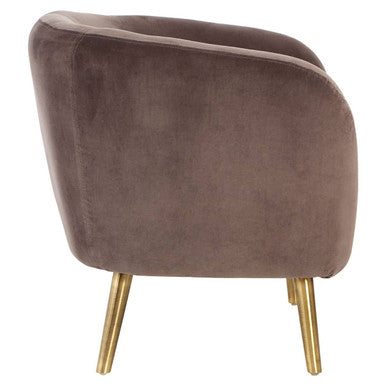 Brown velvet round armchair with gold tone legs perfect for stylish living spaces and cozy corners