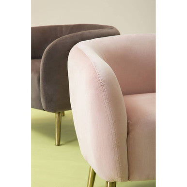 Pink velvet round armchair with gold-tone legs in the style of the louxor grey velvet round armchair