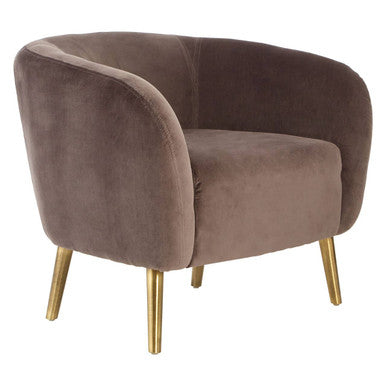 A plush grey velvet round armchair with taupe velvet upholstery and slender gold-tone legs perfect for cozy seating
