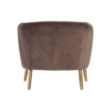 A grey velvet round armchair in taupe velvet with slender gold-tone legs perfect for stylish seating