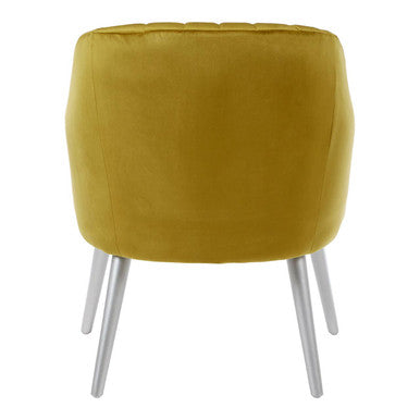 A louxor mustard fabric armchair in plush velvet with sleek tapered chrome legs for stylish seating