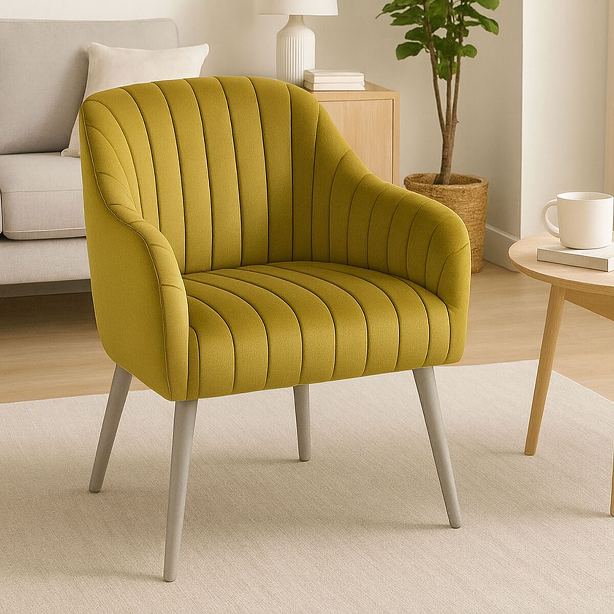 A louxor mustard fabric armchair with mustard yellow velvet, vertical pleats, and tapered gray legs perfect for living rooms