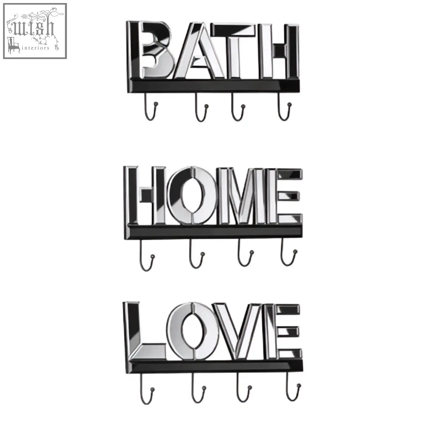Black and silver metallic love mirrored hook wall hanger with bold bath home love lettering and four hooks