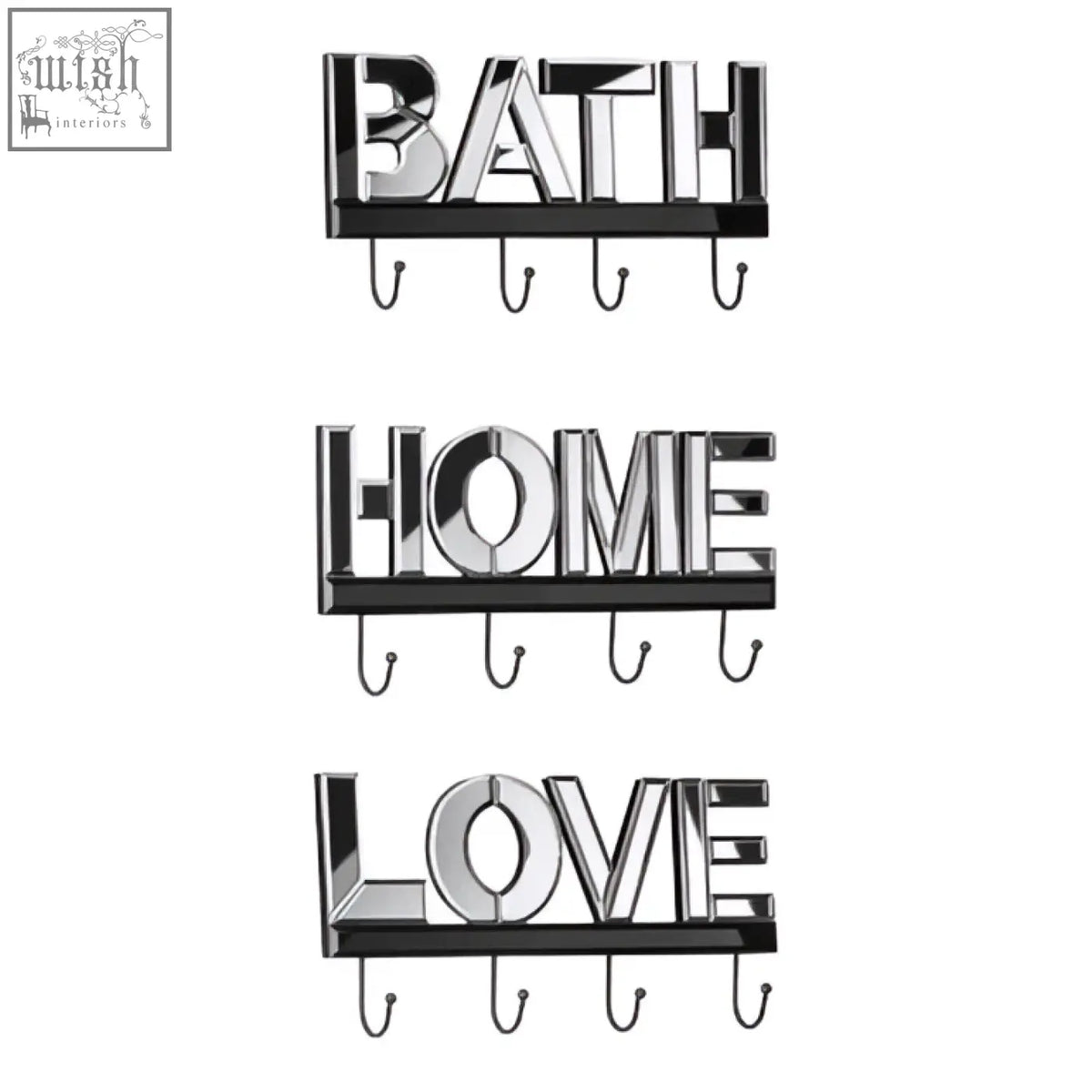 Black and silver metallic love mirrored hook wall hanger with bold bath home love lettering and four hooks