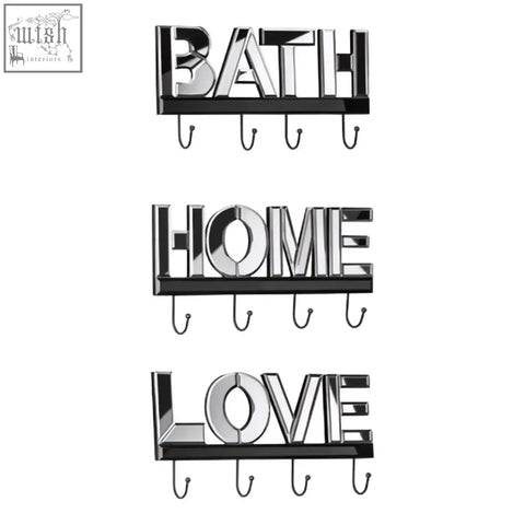 Black and silver metallic love mirrored hook wall hanger with bold bath home love lettering and four hooks