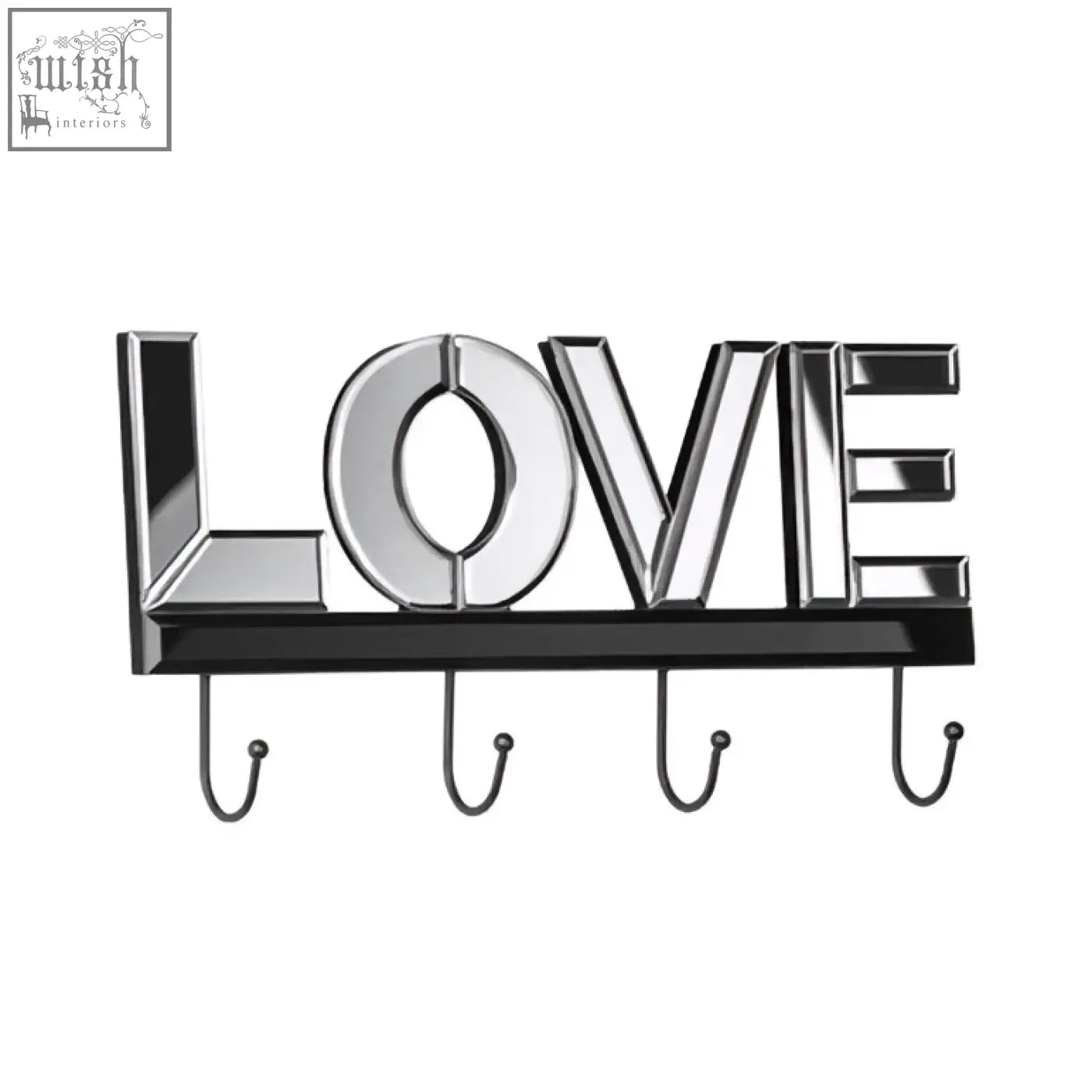 Chrome finished love mirrored hook wall hanger with five curved hooks for easy wall organization