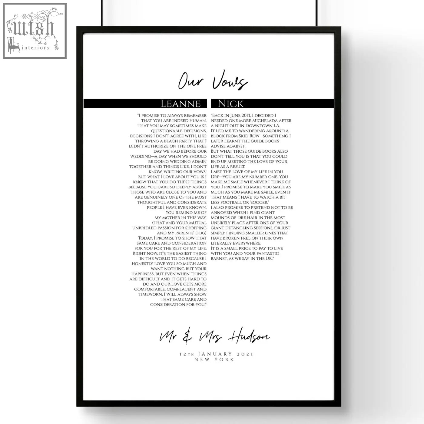 Black-framed wedding vow wall art print with elegant cursive script minimalist design perfect love prints gift