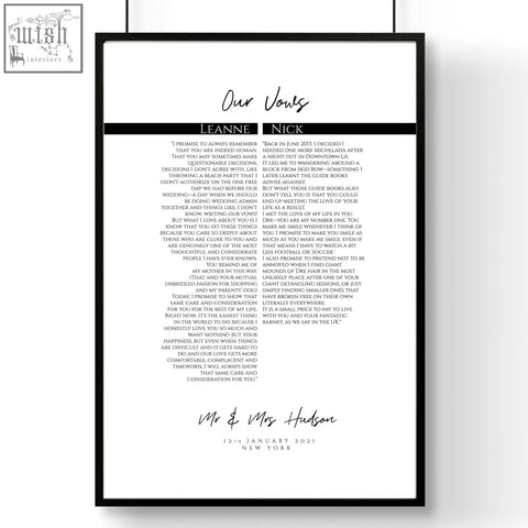 Black-framed wedding vow wall art print with elegant cursive script minimalist design perfect love prints gift