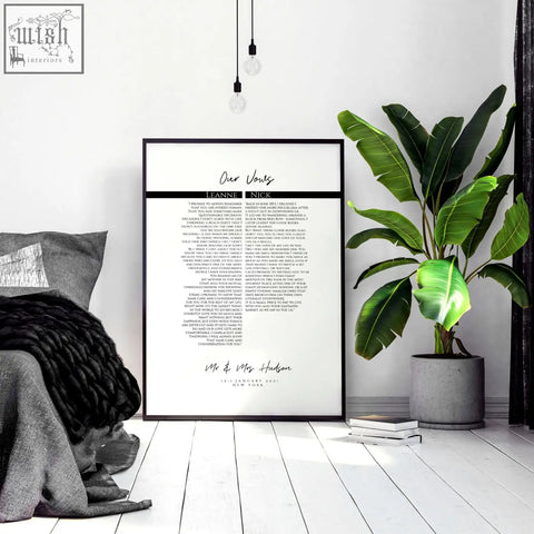 Black-framed wedding vow art print with elegant cursive love prints design perfect as anniversary wall art gift