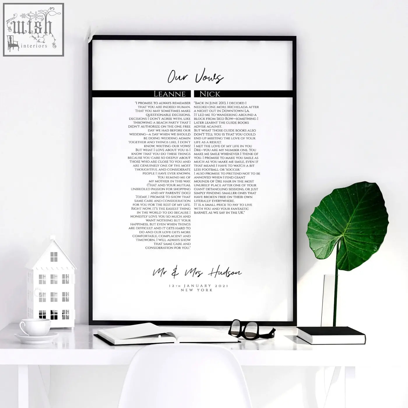 Black-framed love prints wall art featuring leanne and nick wedding vows in elegant cursive and minimalist design art print