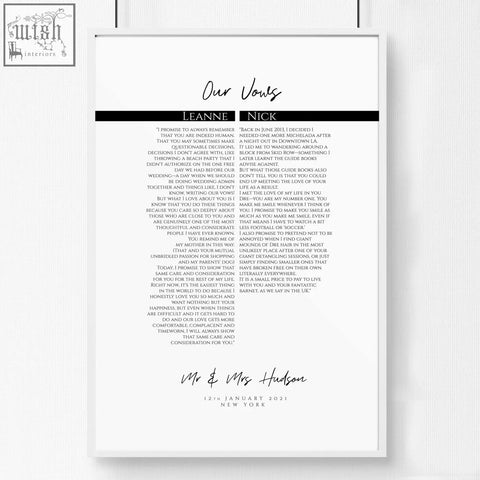 Black and white framed wedding vow art print with elegant cursive script perfect as love prints wall art gift