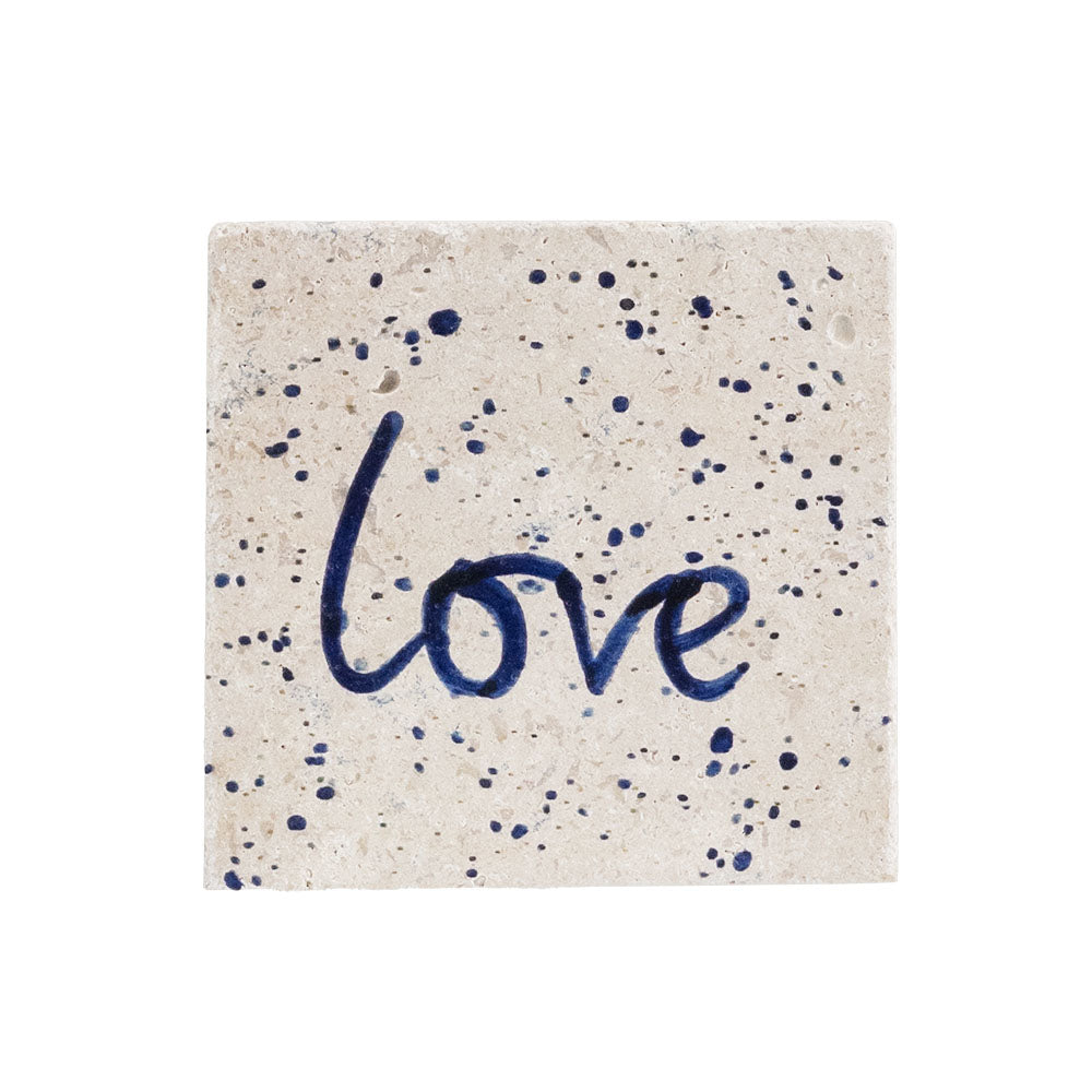 Off-white natural limestone love single stone coaster with speckled texture and heat resistant surface