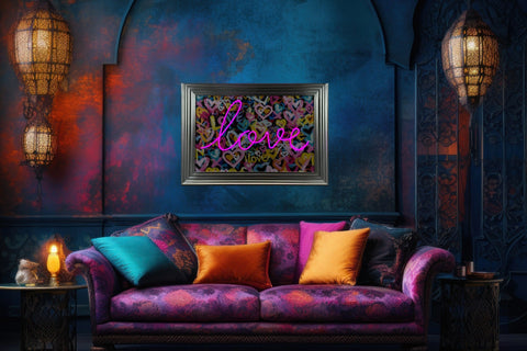 A vibrant neon pink love solves everything sign with colorful graffiti hearts framed in silver for wall decor