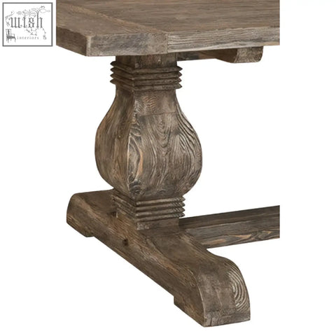 Rustic gray turned leg of lovina recycled pine wood dining table with carved details made from recycled pine wood